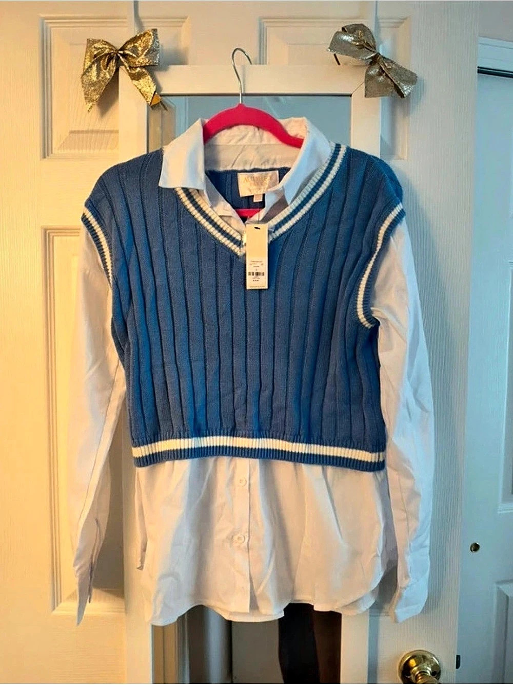 Audrey & Paris Striped Sweater Vest & Shirt in Blue & White Size Small NWT